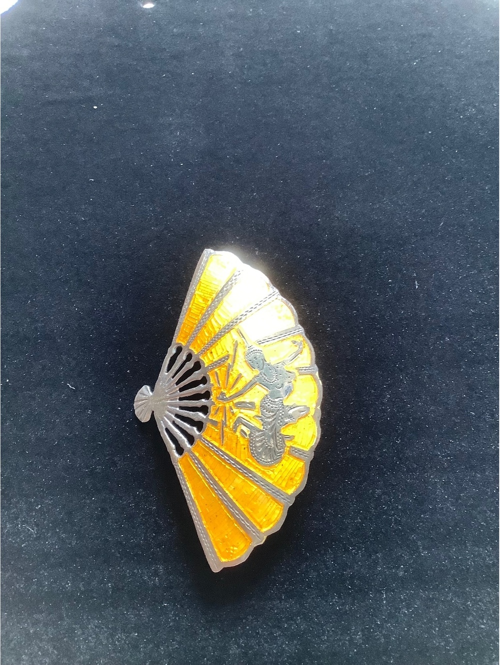 Vintage Sterling Silver Amber Enamel Fan Brooch Asian Figural Dancers